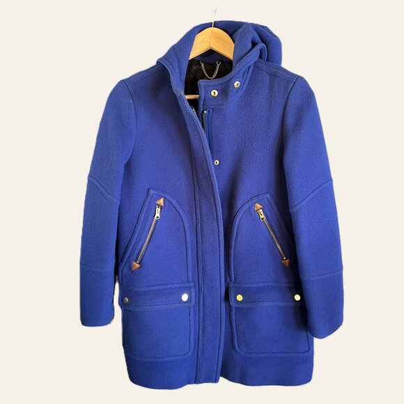 J.Crew Italian Stadium Cloth Wool Blend Hooded Coat Blue Faux Fur Trim Sz 8 - Picture 8 of 10